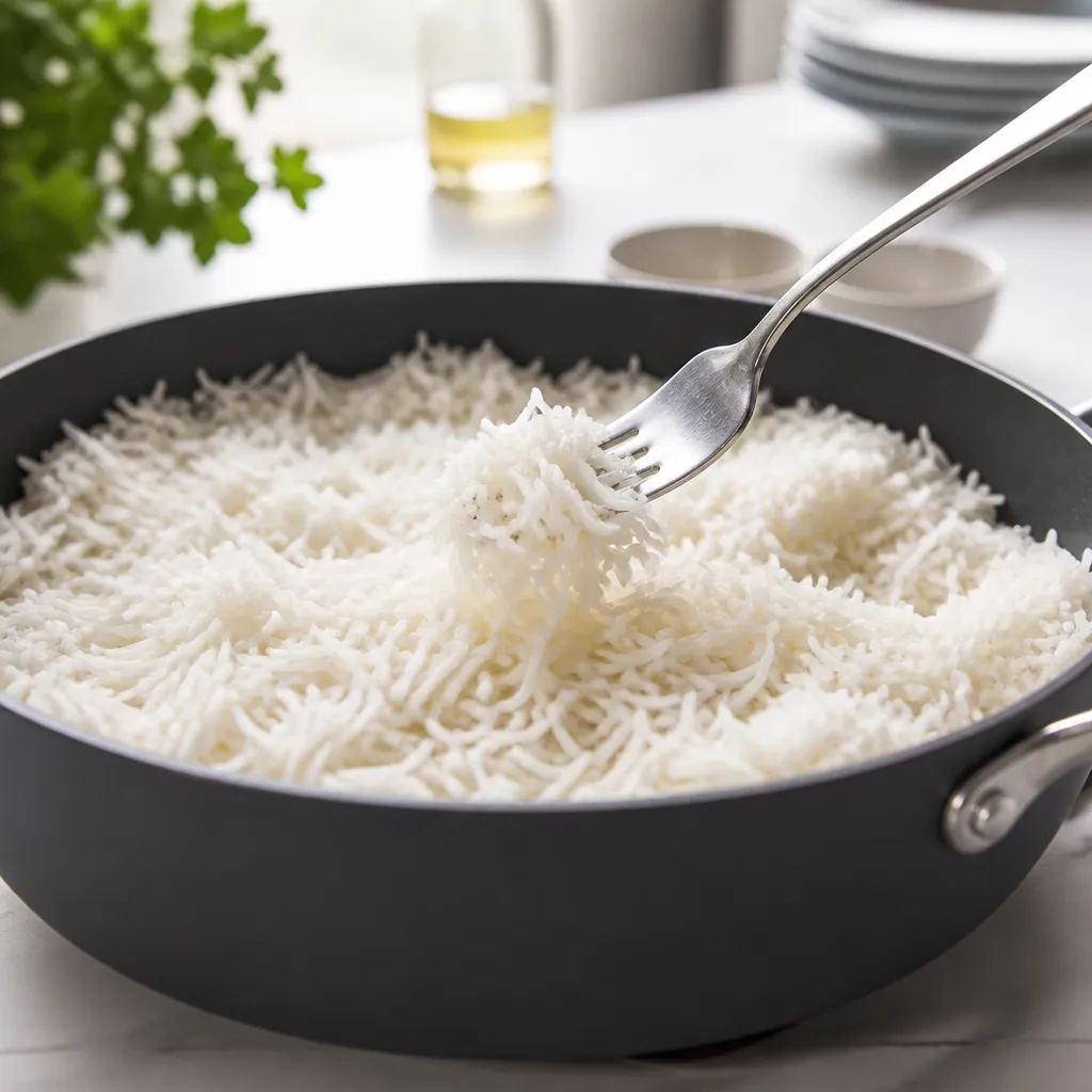 Fluffy cooked basmati rice in a pan being fluffed with a fork