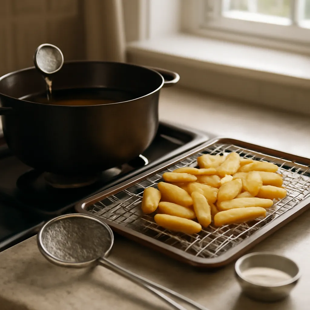 Heavy casserole pan of hot oil with a frying thermometer beside golden chips draining on a wire rack