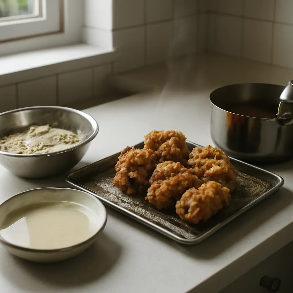 Golden craggy fried chicken cooling on a wire rack beside bowls of seasoned flour and buttermilk brine