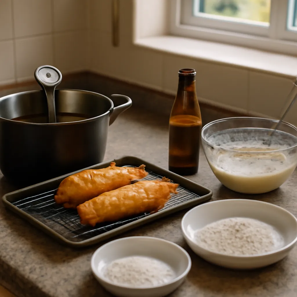 Golden battered fish draining on a wire rack beside a bowl of batter and a thermometer in a pan of oil