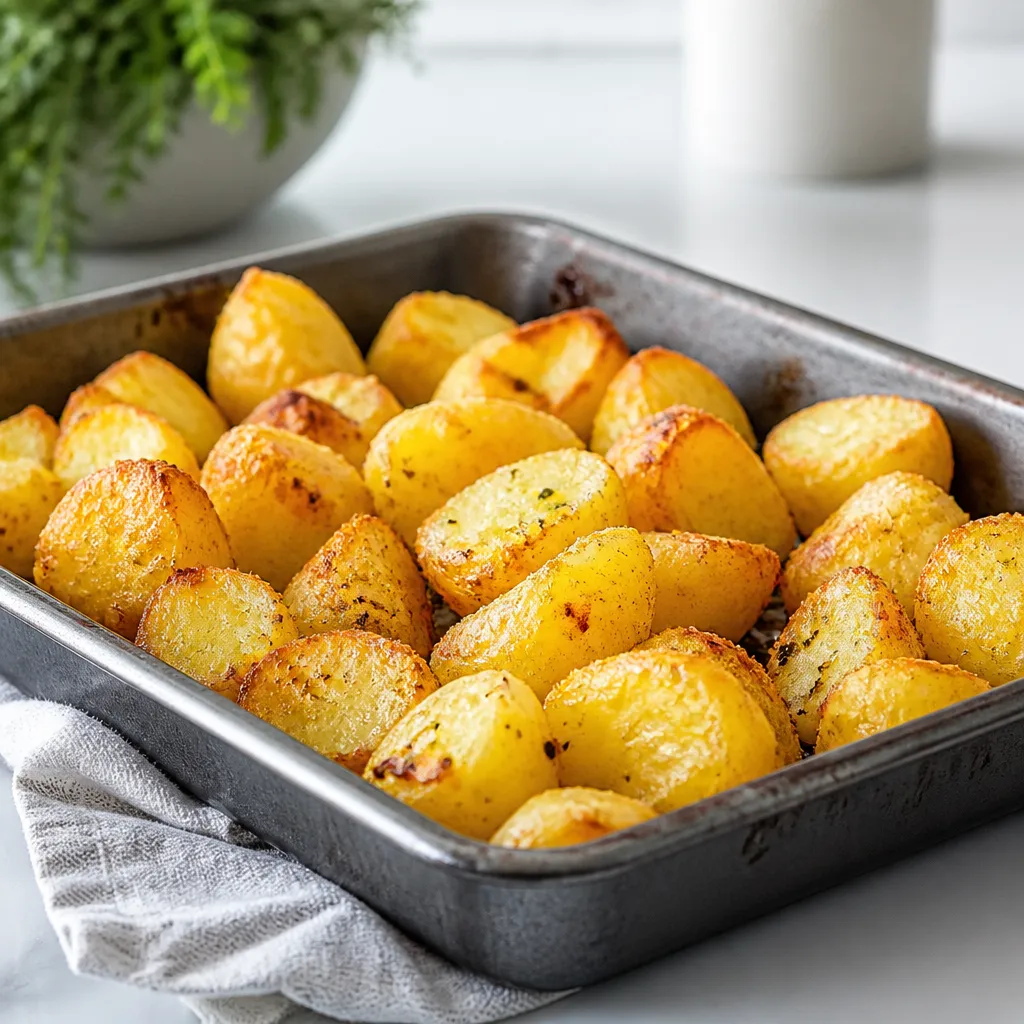 Tray of golden, crispy roast potatoes fresh from the oven
