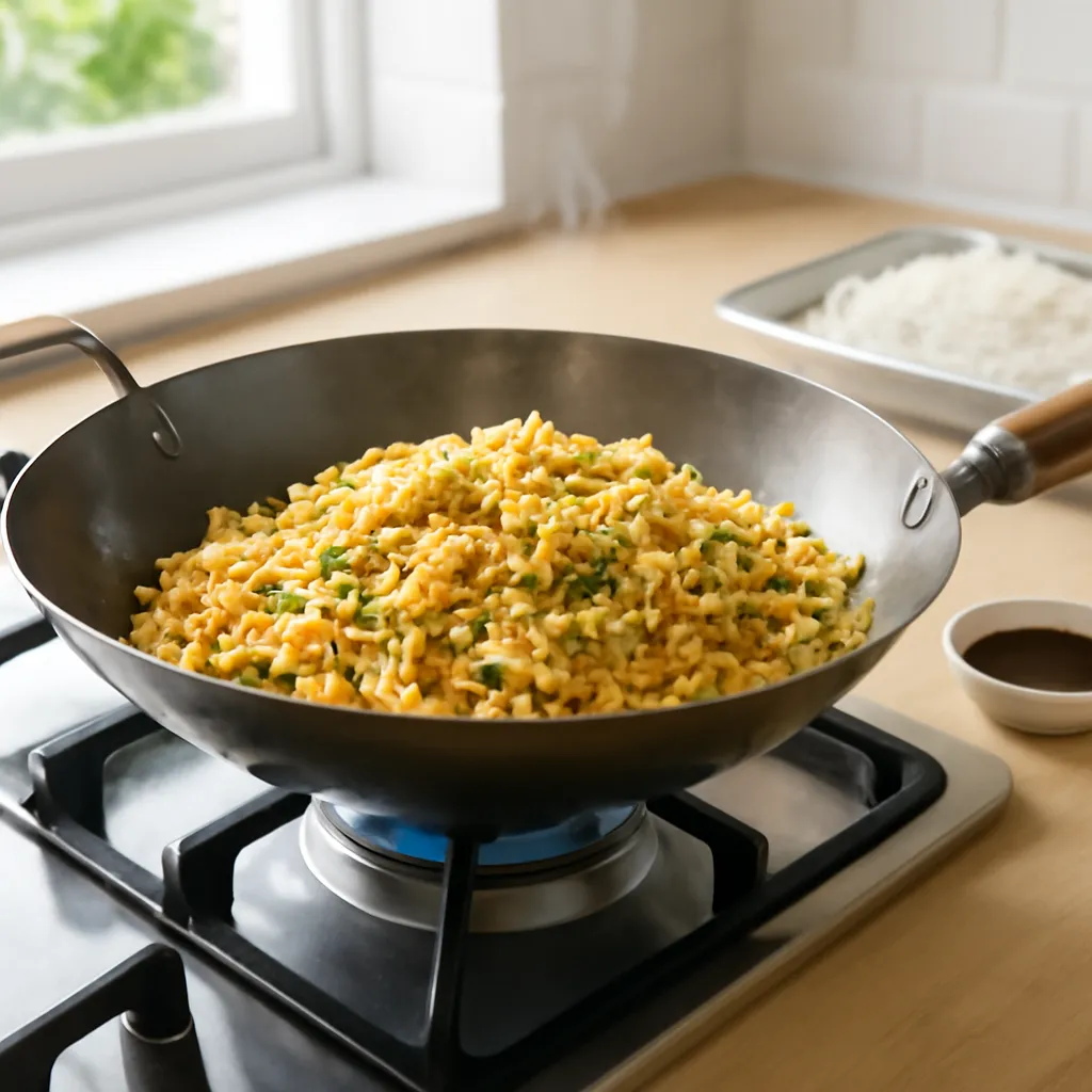 Golden takeaway-style egg fried rice with spring onions in a carbon-steel wok on a UK kitchen hob
