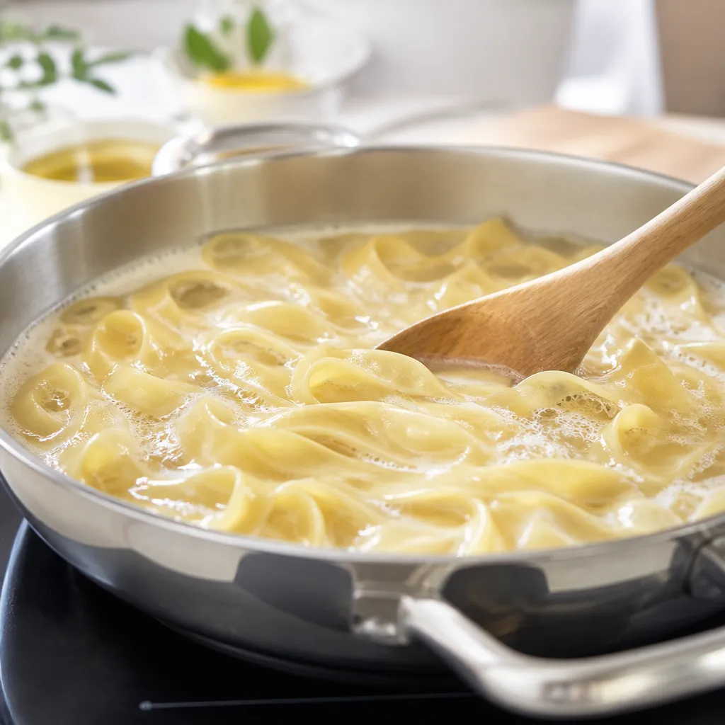 Pasta being stirred in a large pan of boiling water