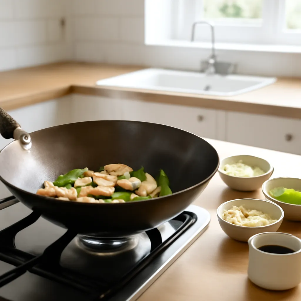 Seasoned carbon steel wok searing chicken and vegetables on a gas hob, with prepped ingredients in bowls alongside