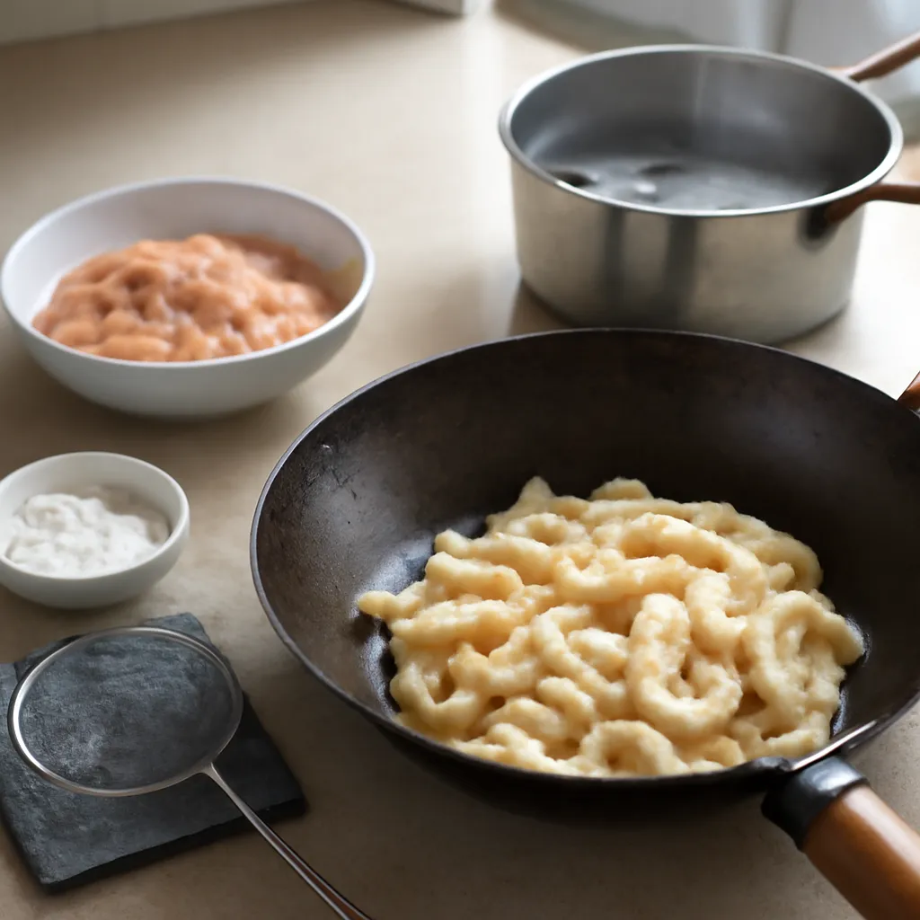 Silky velveted chicken strips draining in a carbon-steel wok beside a bowl of marinated raw chicken on a kitchen worktop