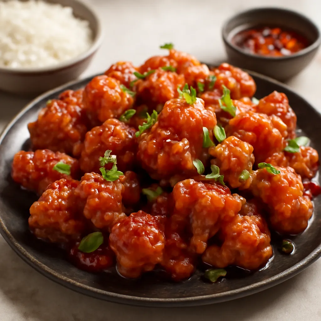 Crispy battered cauliflower florets coated in glossy sweet chilli glaze, topped with sesame seeds and spring onions