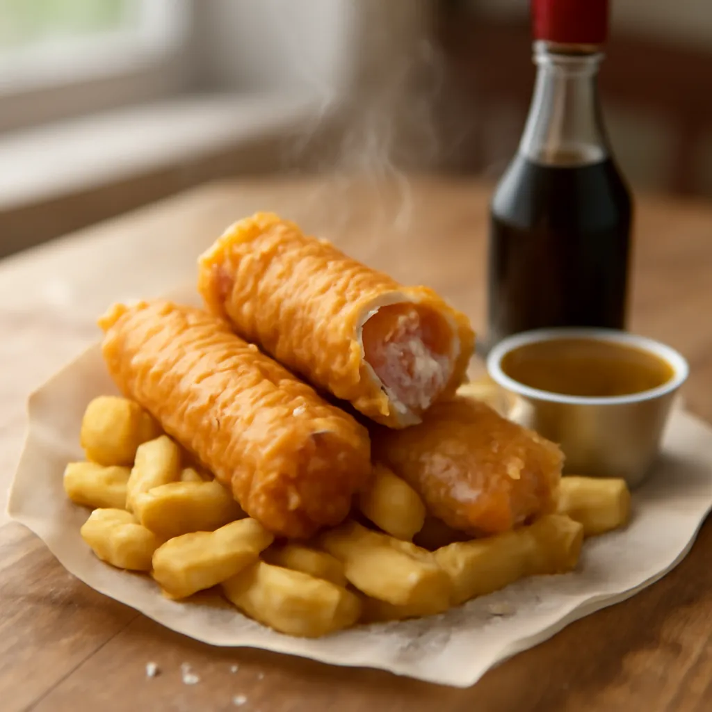 Two crisp golden battered sausages on thick-cut chips in paper, one split open, with a pot of curry sauce alongside