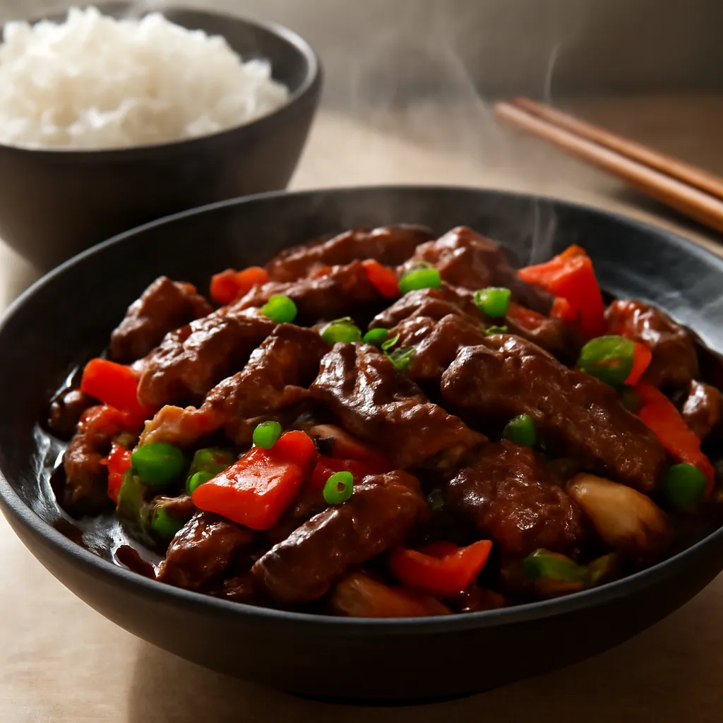 Glossy beef in black bean sauce with red and green peppers and onion, served with steamed rice