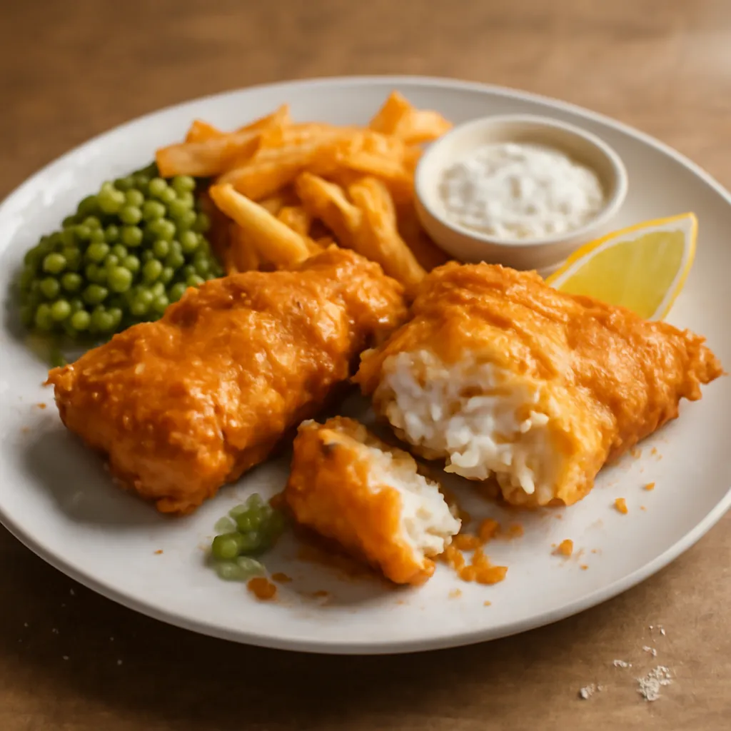 Two pieces of golden beer-battered fish with chips, mushy peas, tartare sauce and a lemon wedge