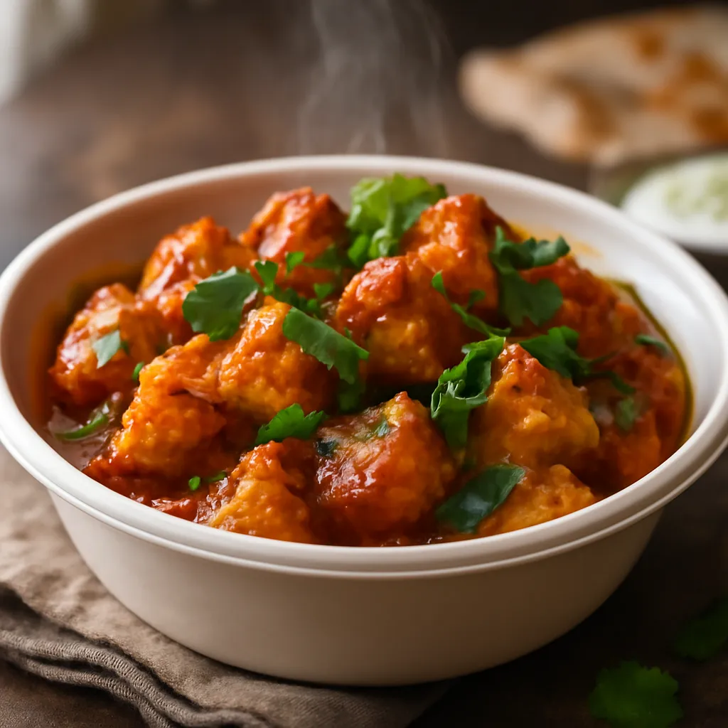 Bowl of Bombay potatoes with crisp golden edges in glossy red tomato masala, topped with fresh coriander