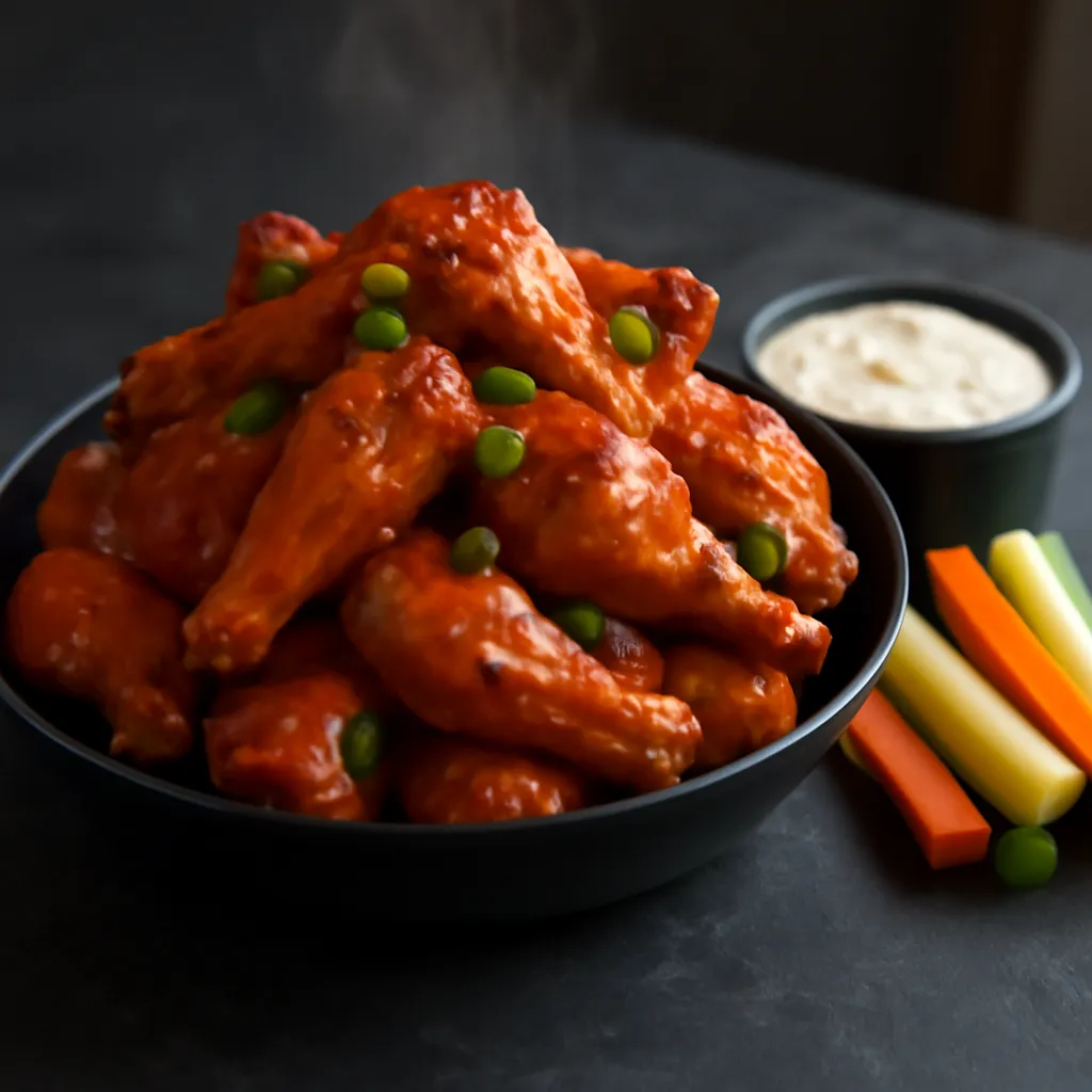 Pile of glossy orange Buffalo hot wings in a black bowl with blue cheese dip and celery batons