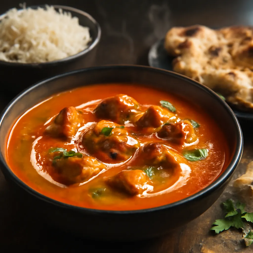 Bowl of glossy butter chicken with charred chicken pieces, cream swirl and coriander, served with basmati rice and naan