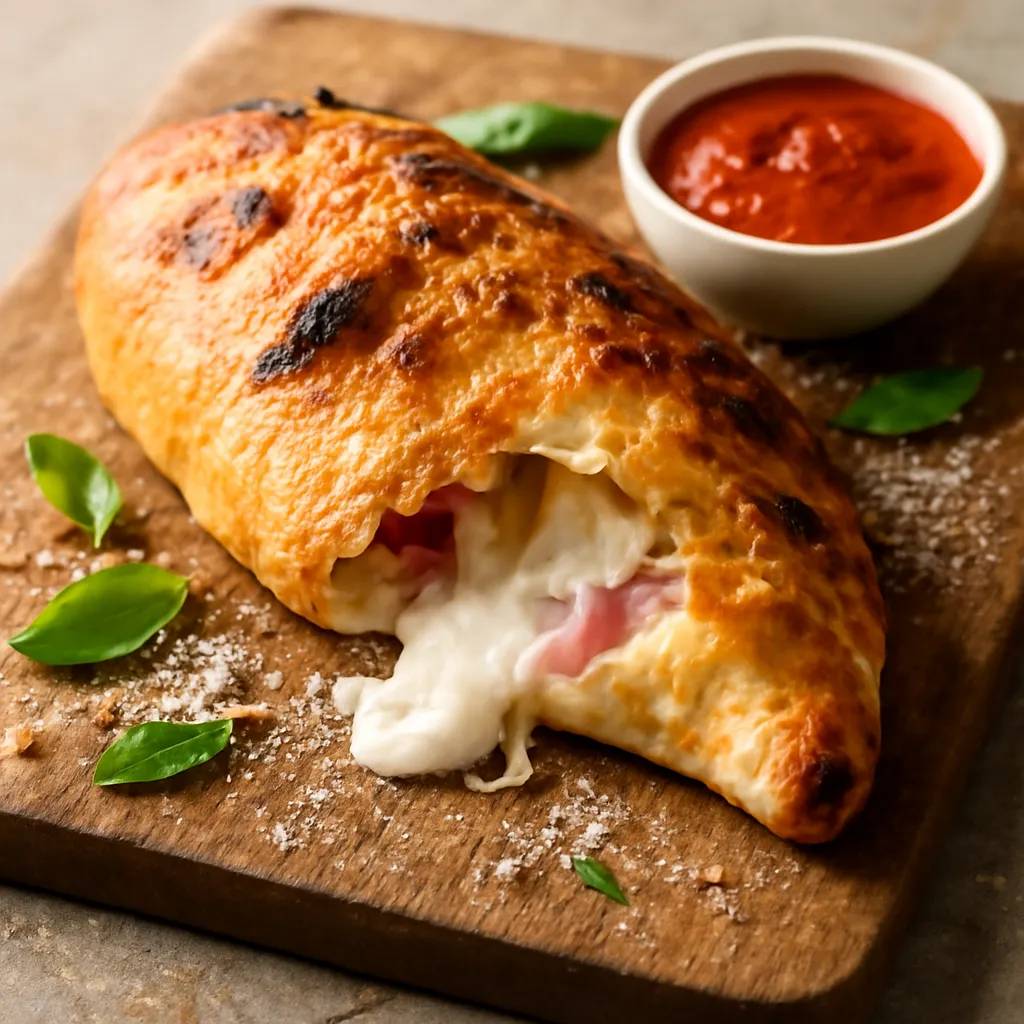 Golden blistered calzone torn open showing molten mozzarella and ham, with a bowl of tomato dipping sauce