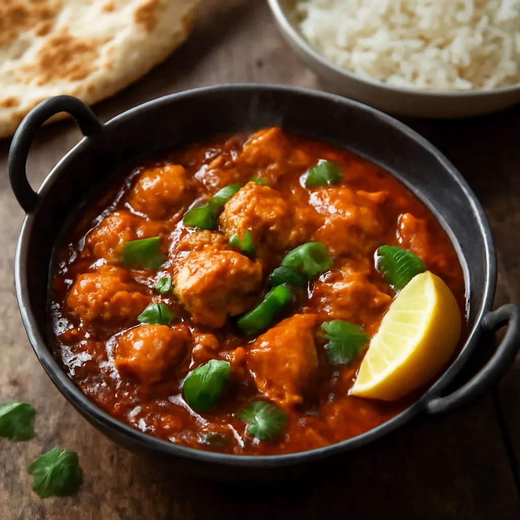 Chicken balti in a steel bowl with glossy red sauce, green peppers and coriander, served with naan and rice