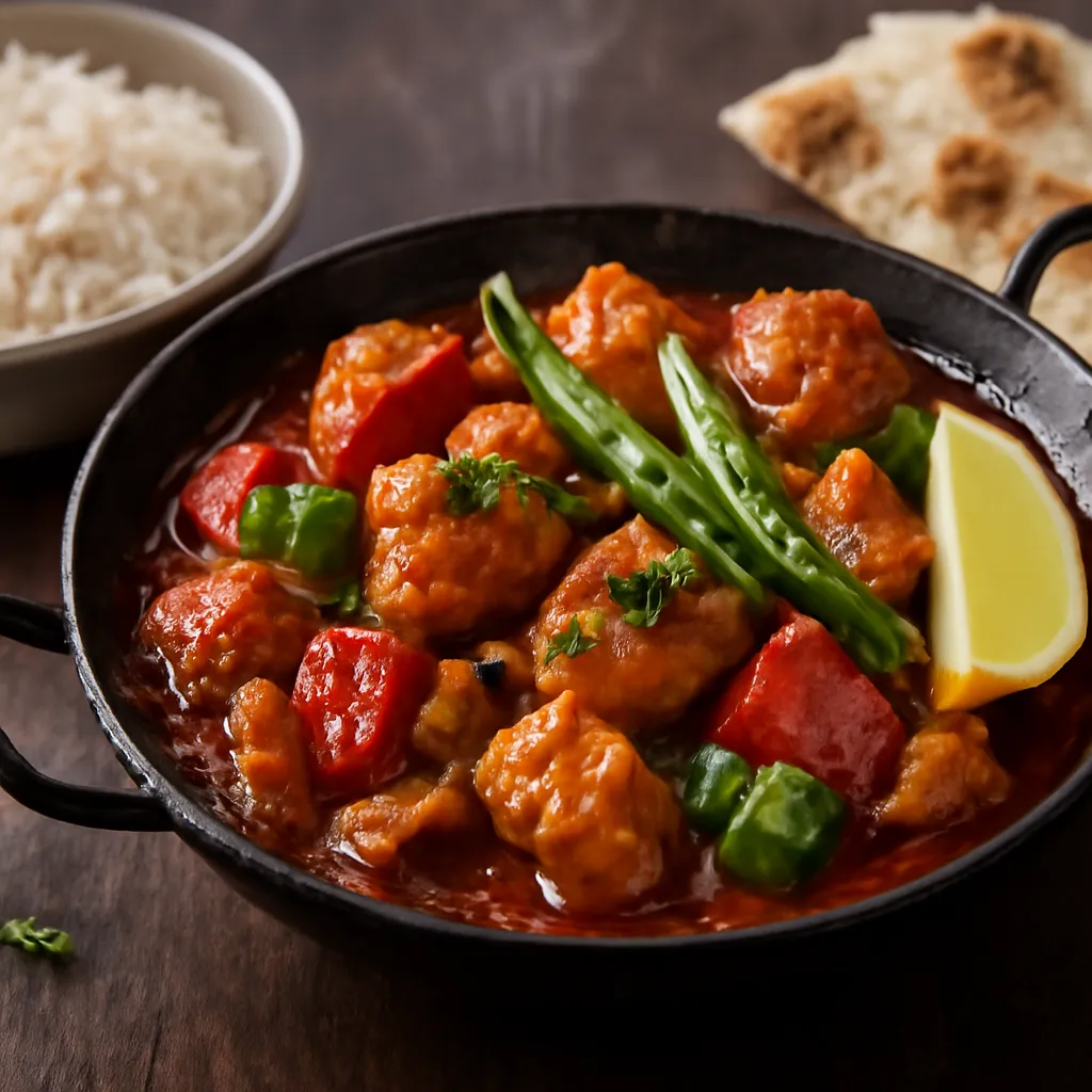 Chicken jalfrezi in a karahi with glossy red sauce, charred peppers, green chillies and coriander, rice alongside