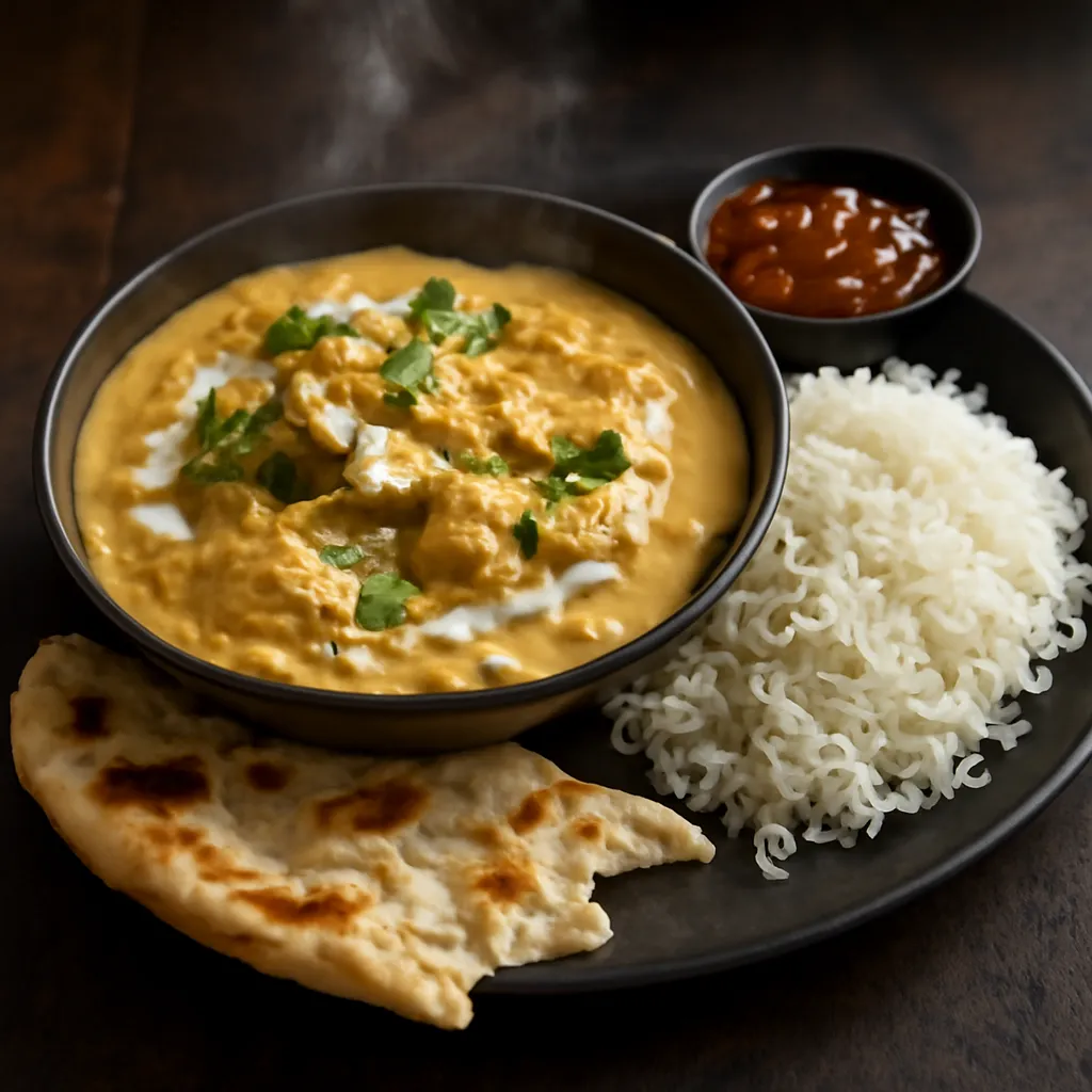 Bowl of creamy pale golden chicken korma topped with flaked almonds and coriander, with basmati rice and naan