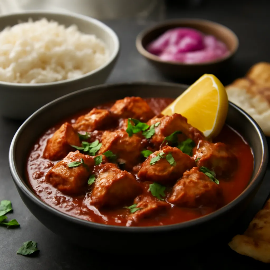 Bowl of deep red chicken madras with glossy sauce and coriander, served with basmati rice and naan