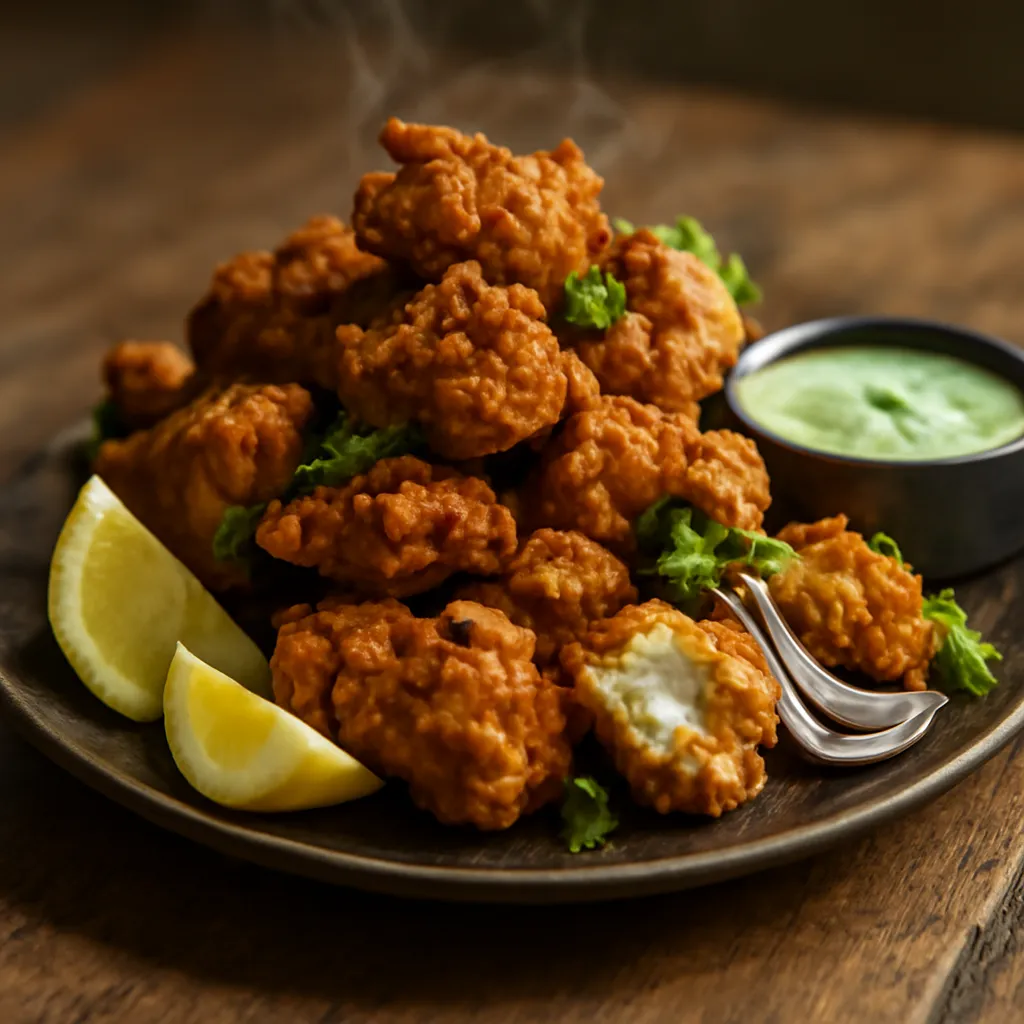 Pile of golden crispy chicken pakora on a dark plate with lemon wedges, sliced red onion and mint raita