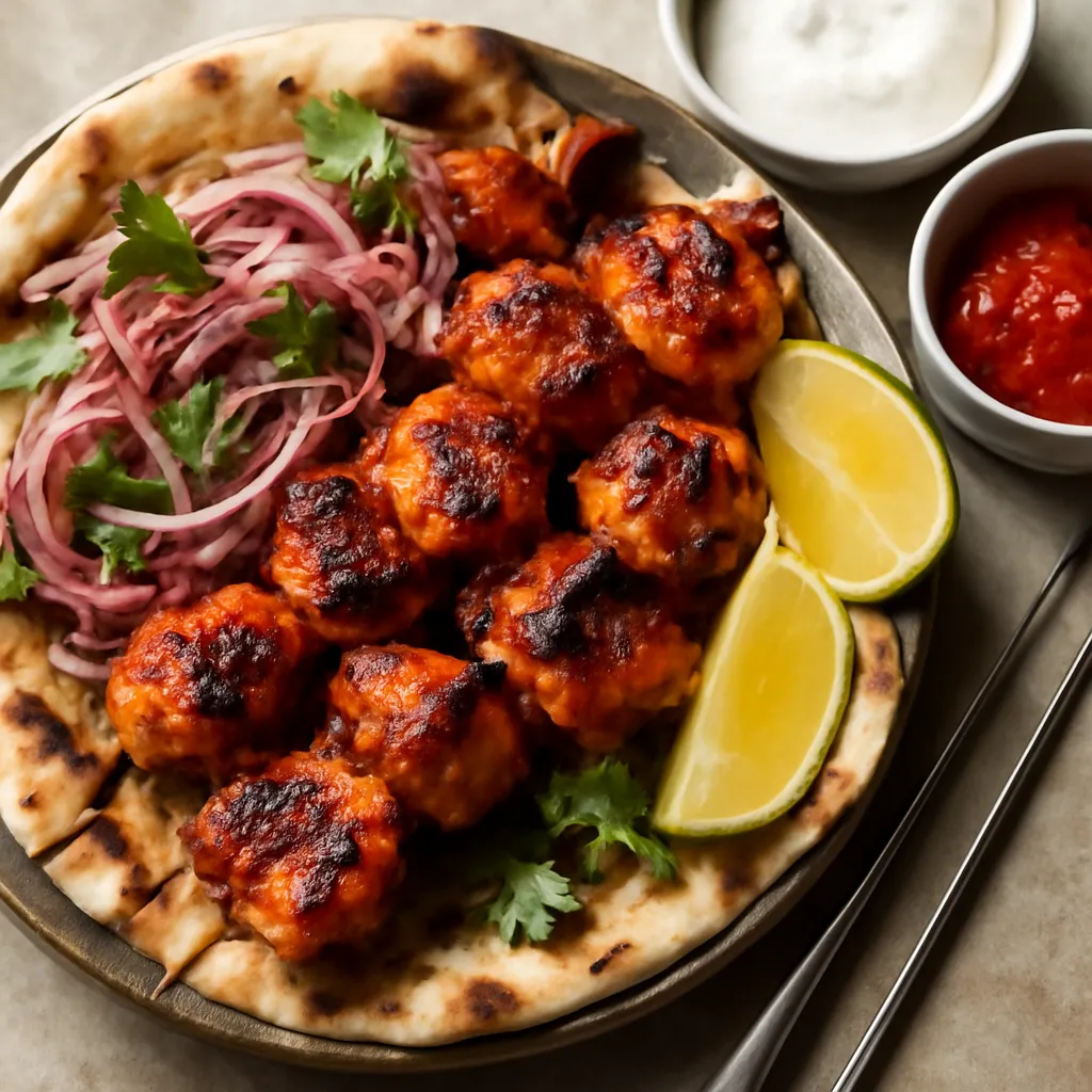 Charred Turkish chicken shish kebab on flatbread with sumac onions, parsley, lemon wedges and garlic yoghurt