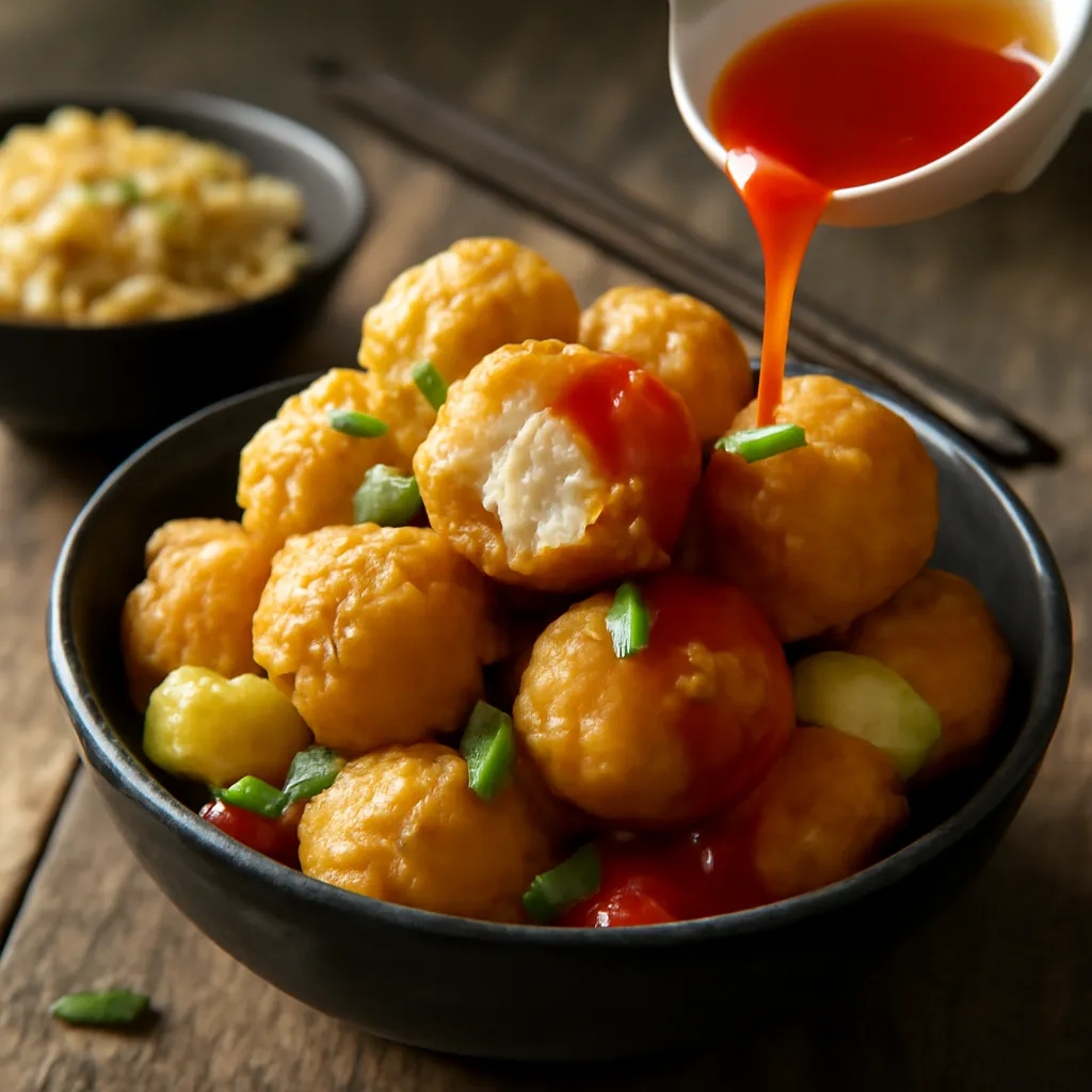 Bowl of crisp golden Chinese chicken balls piled high with glossy red sweet and sour sauce being drizzled over