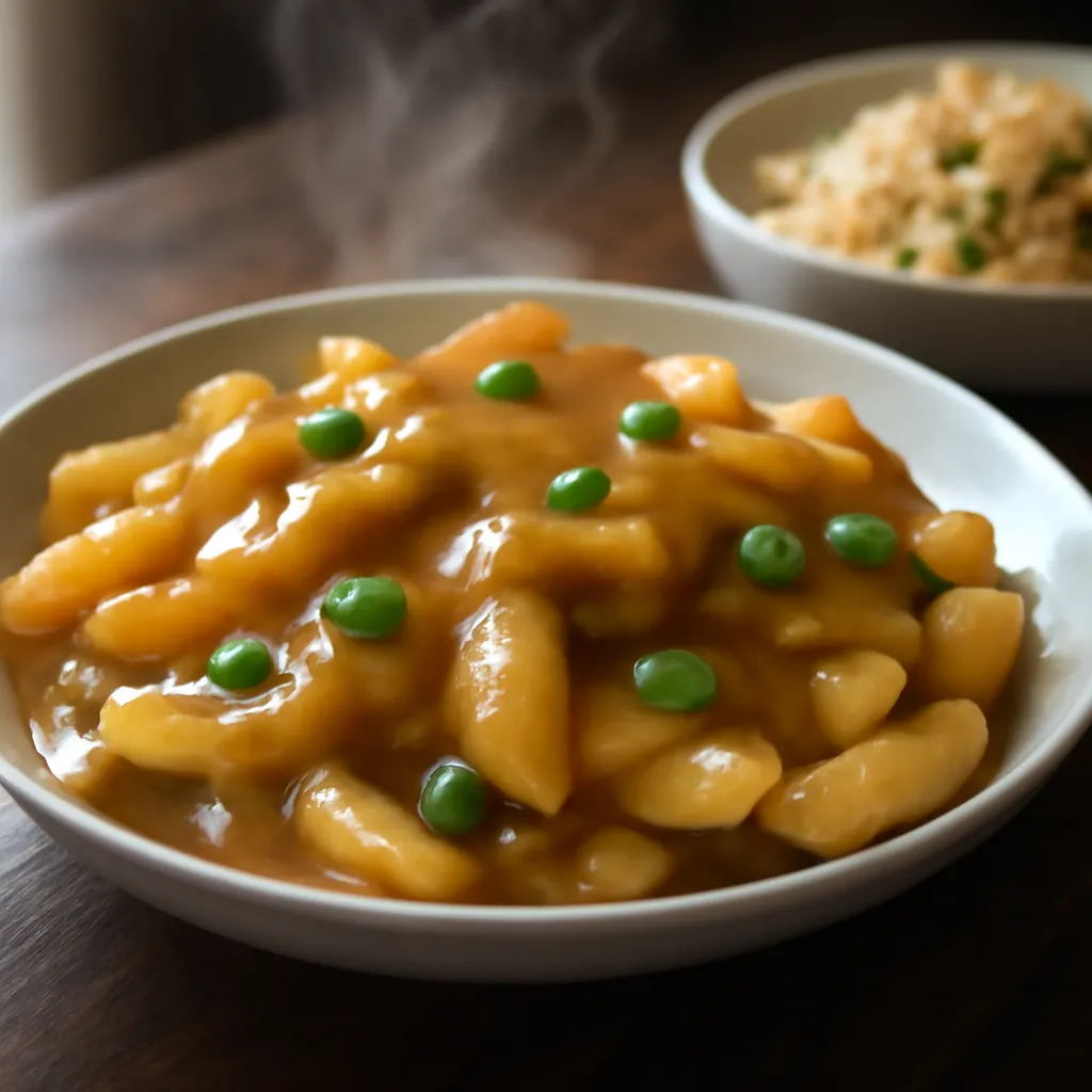 Glossy golden Chinese takeaway curry sauce with peas poured over crisp chips in a white bowl