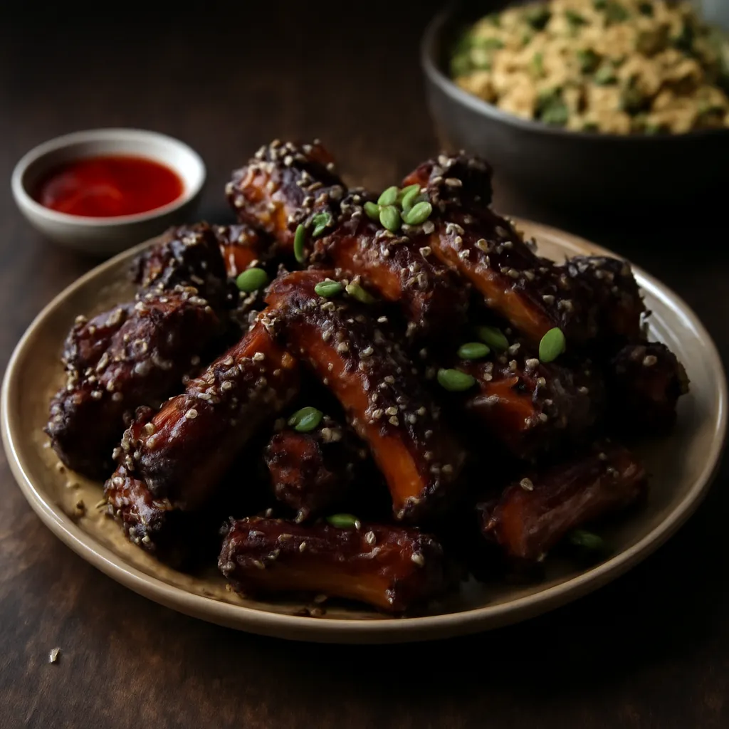 Pile of sticky glazed Chinese spare ribs on a platter, scattered with sesame seeds and spring onions