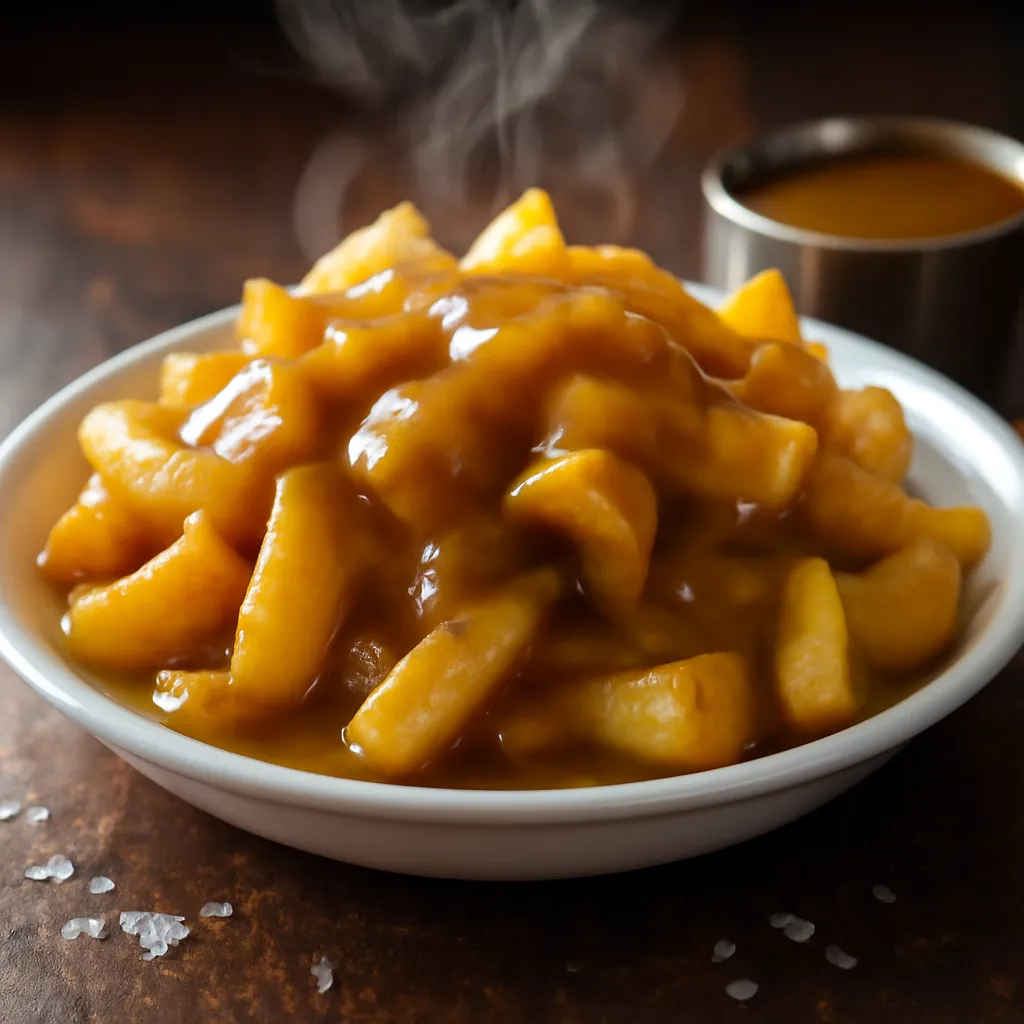 Thick-cut chips smothered in glossy golden chip shop curry sauce in a white bowl, with a pot of extra sauce