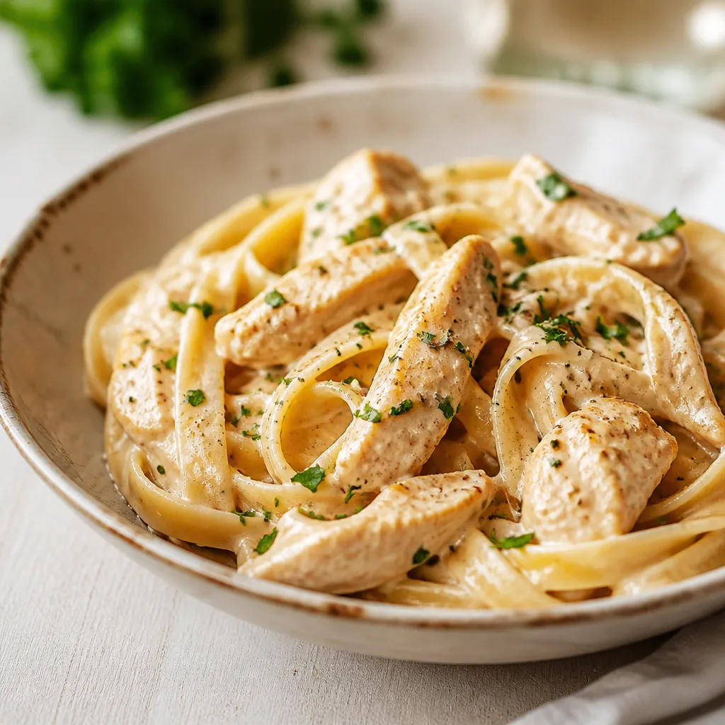 Creamy garlic chicken pasta in a bowl topped with parsley and black pepper