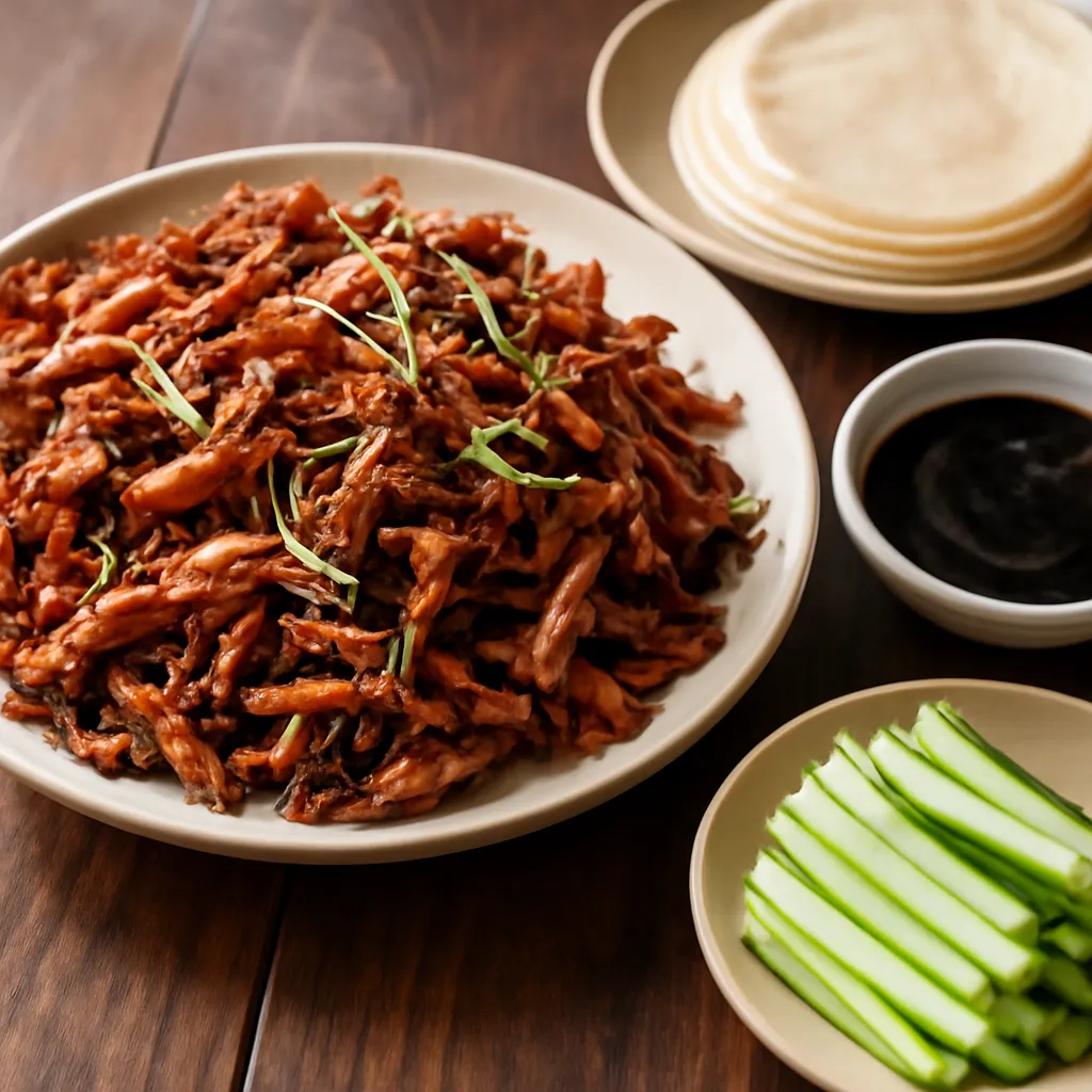 Platter of crispy shredded aromatic duck with steamed pancakes, hoisin sauce, cucumber and spring onion
