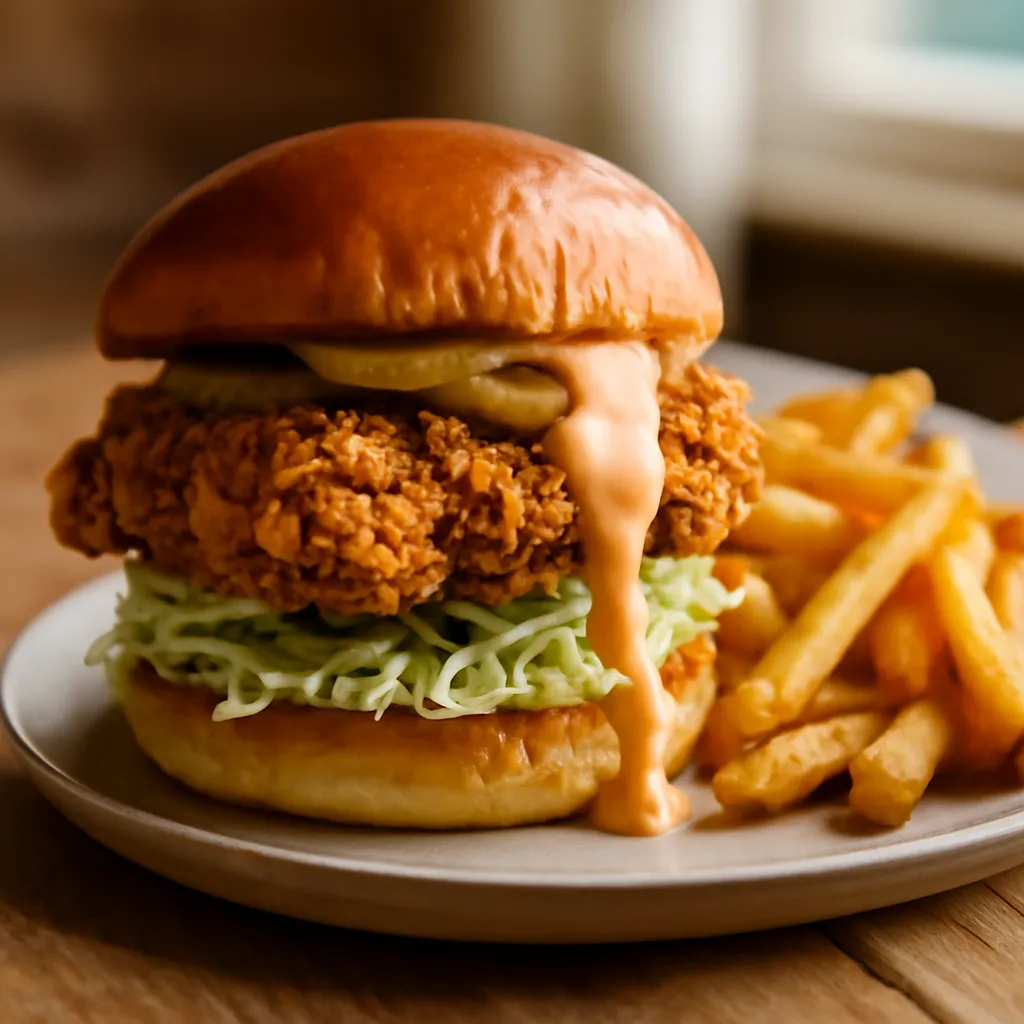 Crispy fried chicken burger in a toasted brioche bun with lettuce, gherkins and burger sauce, served with chips