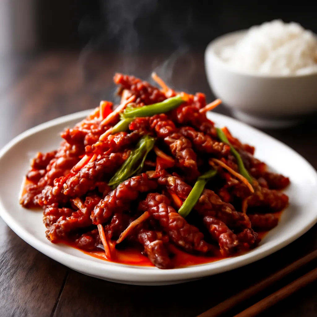 Crispy chilli beef strips in a glossy red glaze with carrot, chilli and spring onion on a white plate
