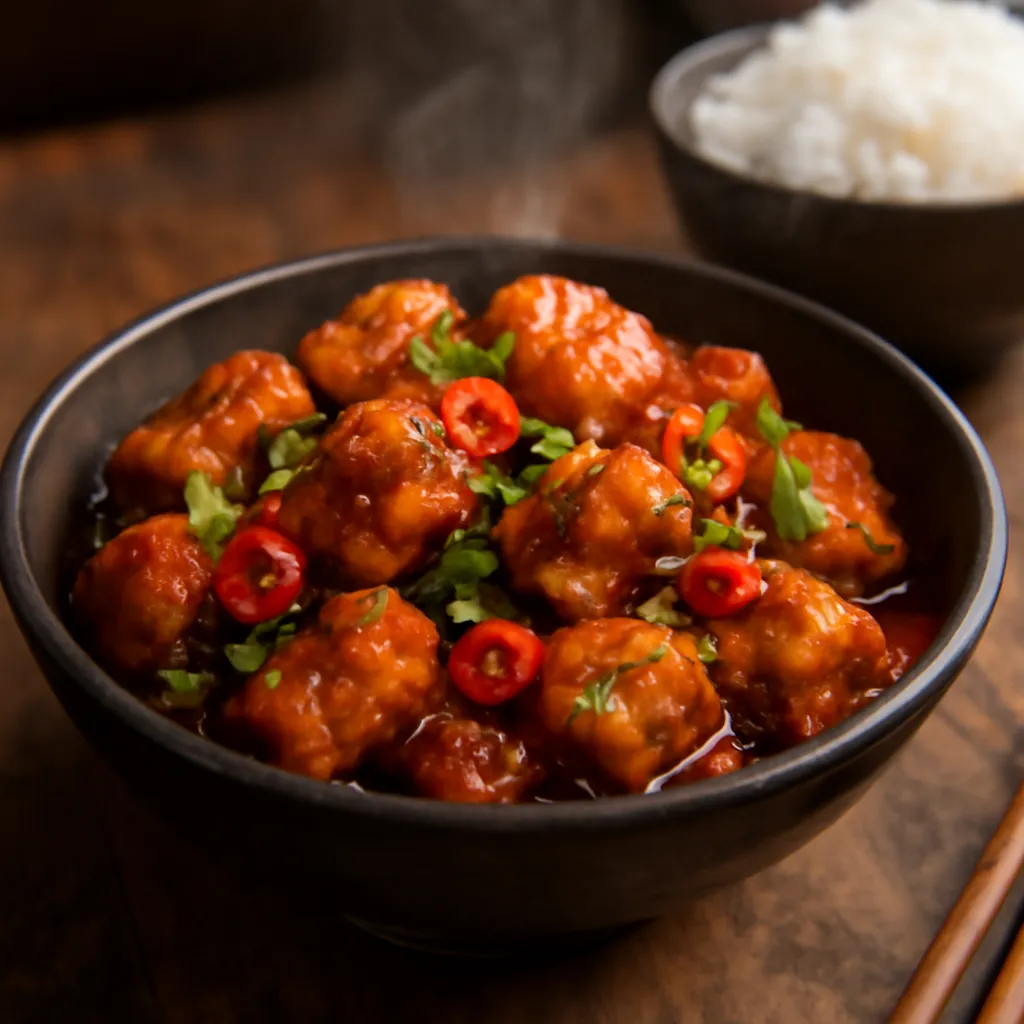 Bowl of golden crispy chilli tofu in a glossy red glaze with spring onions, sesame seeds and sliced red chilli