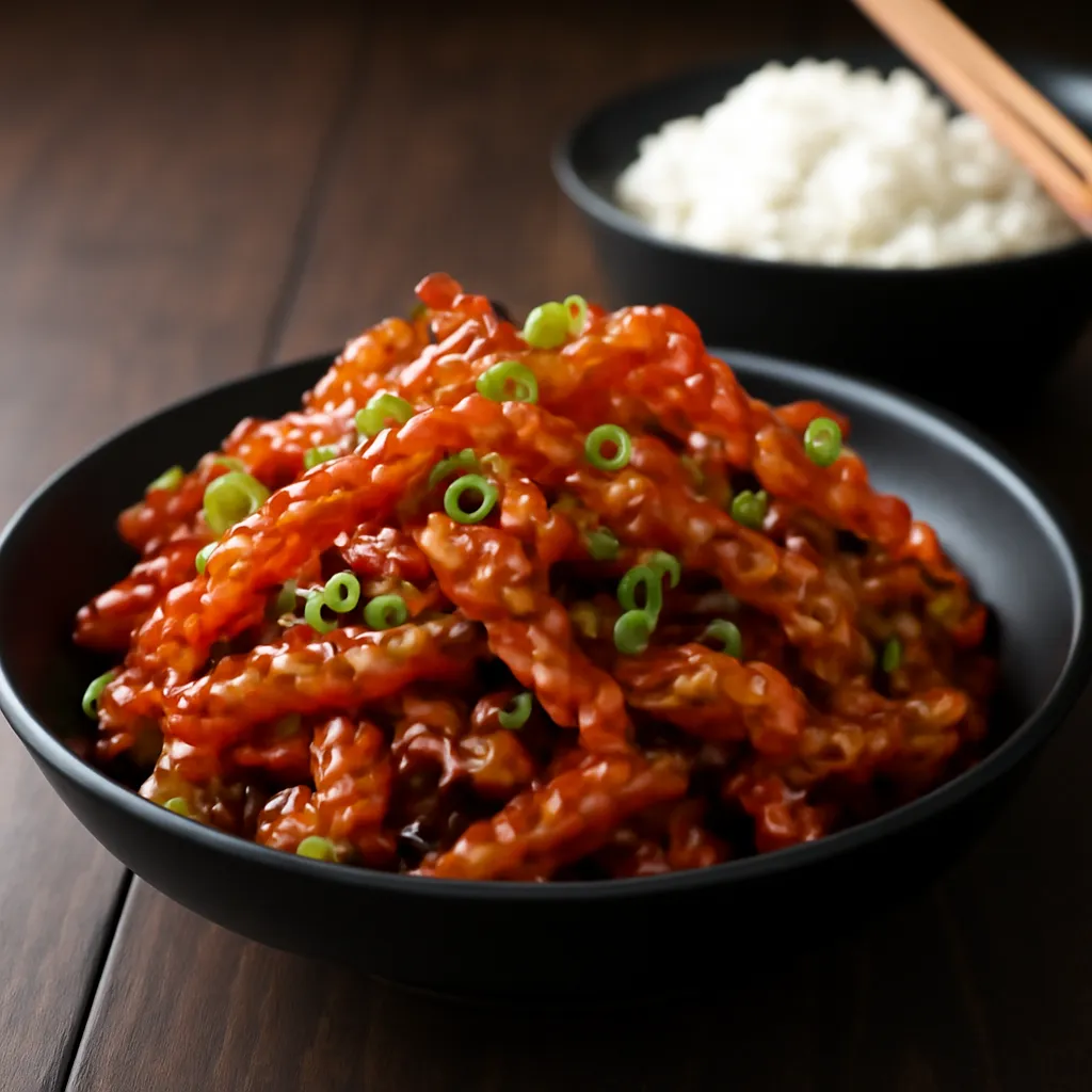 Bowl of crispy shredded chicken in glossy red chilli glaze topped with spring onion and sesame seeds, rice behind