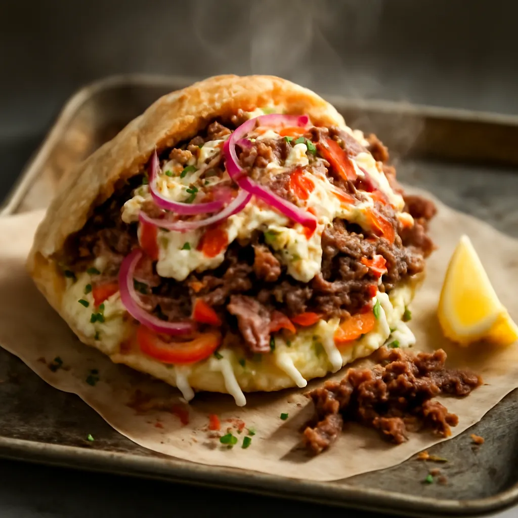 Homemade doner kebab in warm pitta piled with crisp lamb shavings, salad, sumac onions, garlic and chilli sauce