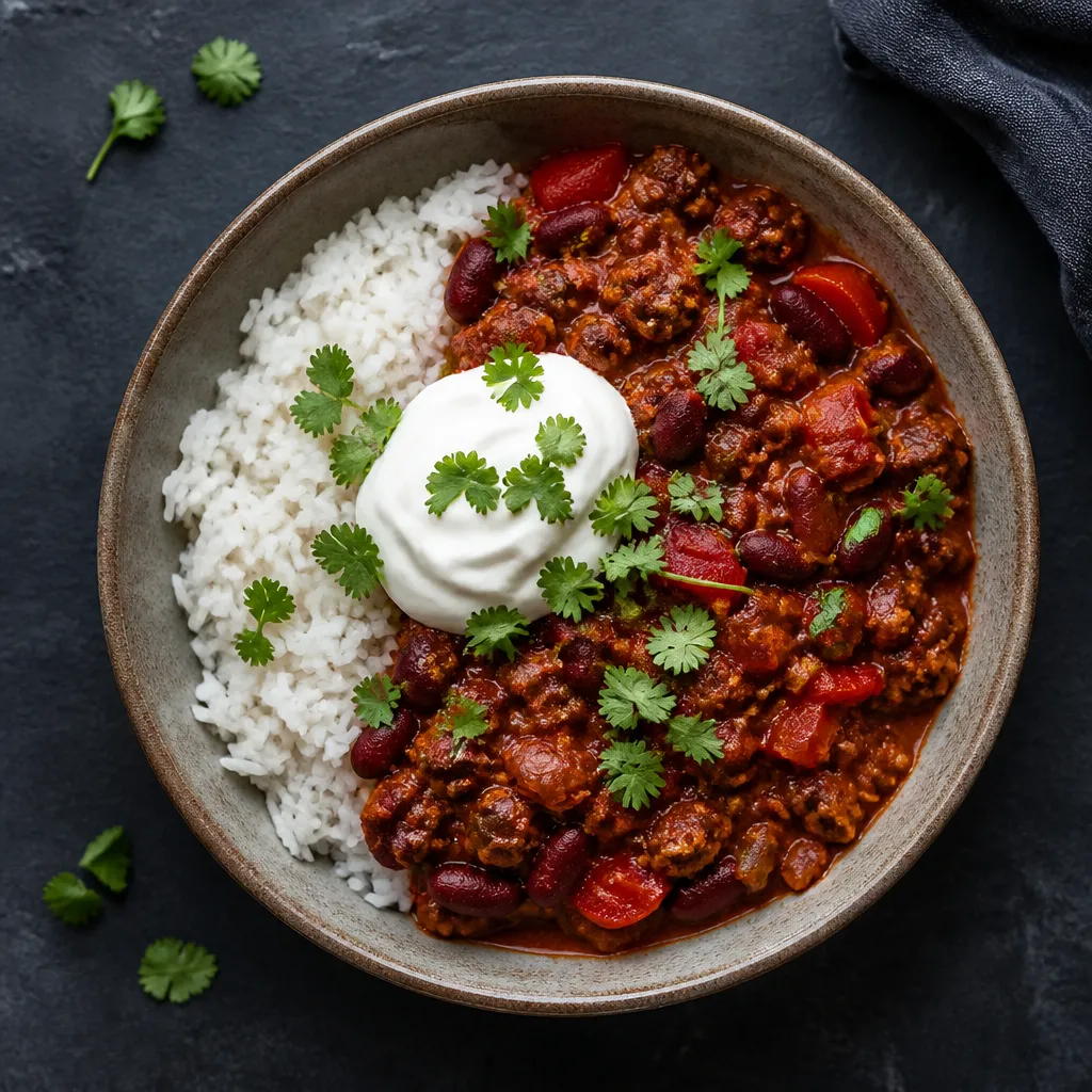Bowl of beef chilli with rice, topped with soured cream and coriander