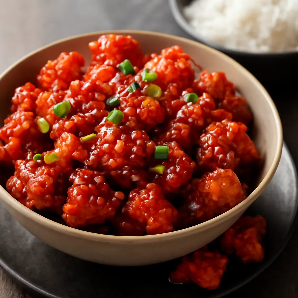 Bowl of crispy firecracker chicken in glossy red chilli glaze with spring onions and sesame seeds