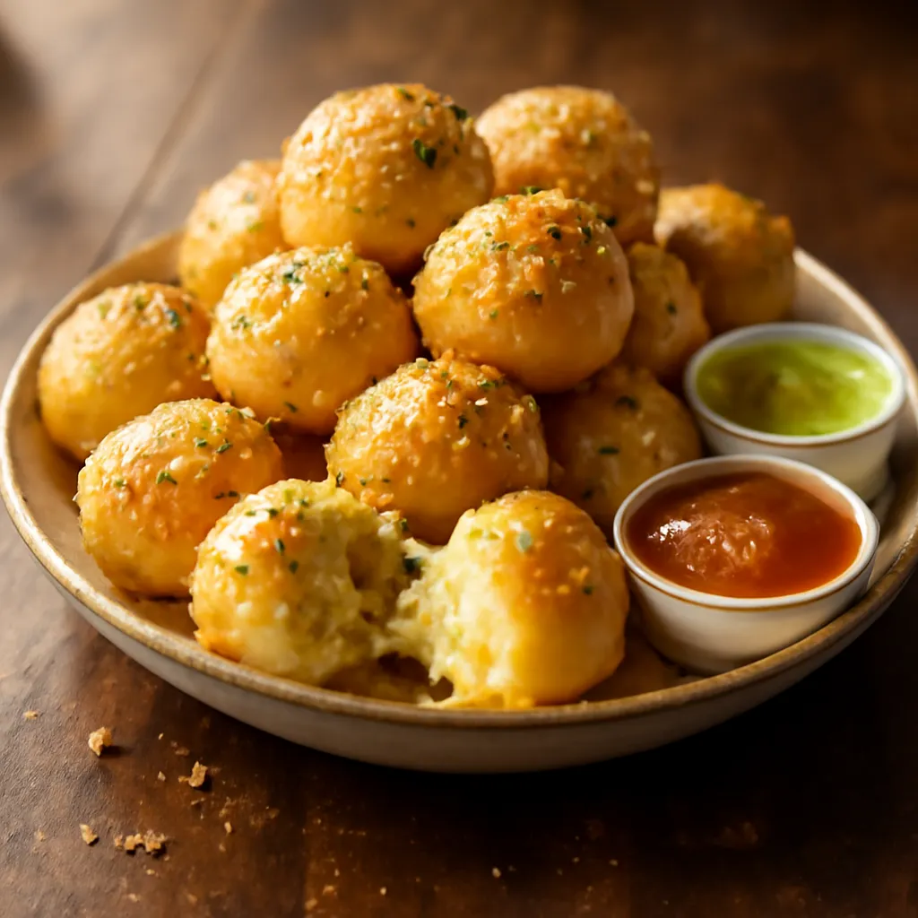 Pile of golden garlic butter dough balls scattered with parsley and Parmesan, with a pot of melted garlic butter