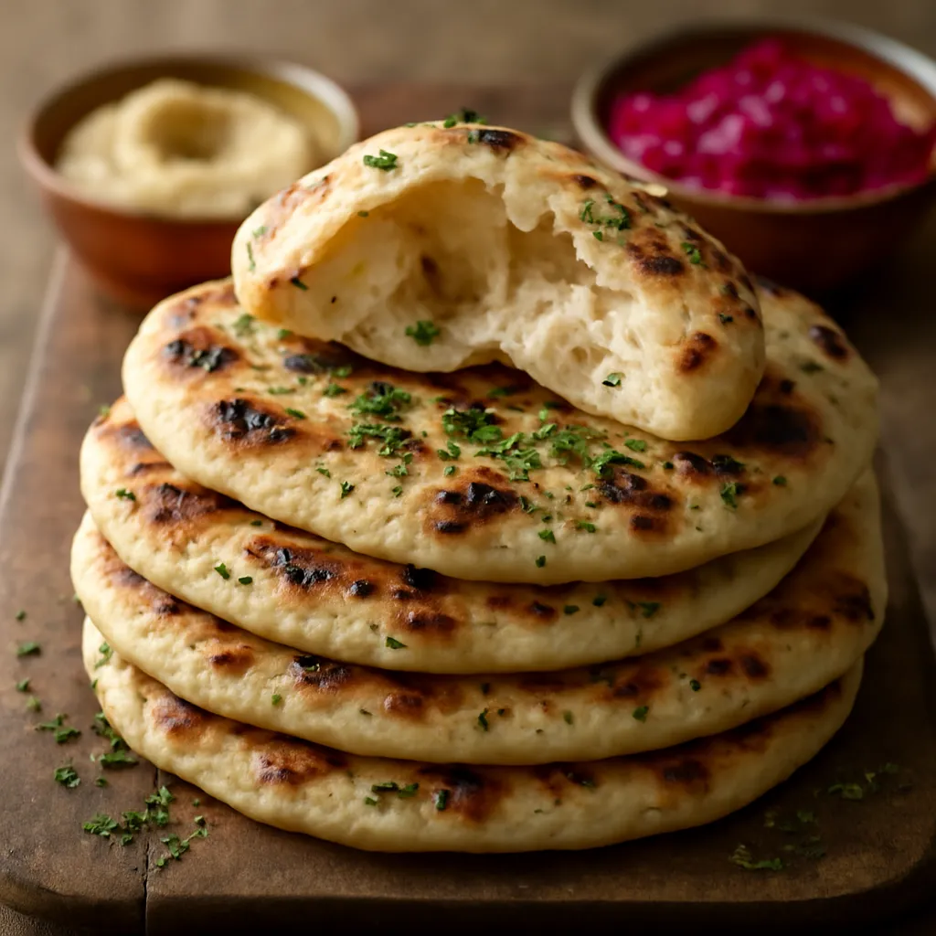 Stack of puffed, blistered homemade flatbreads brushed with garlic butter and scattered with nigella seeds and coriander