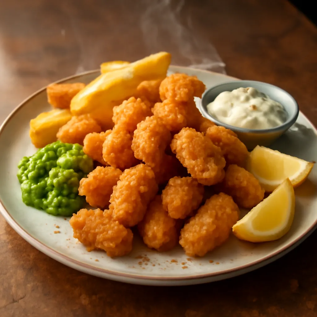 Golden breadcrumbed scampi tails piled with chips, mushy peas, tartare sauce and lemon wedges