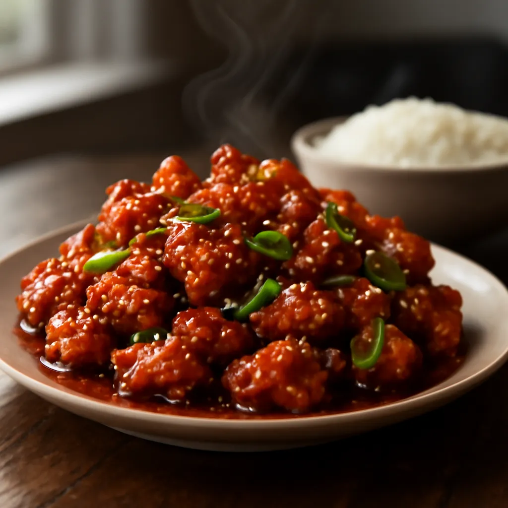 Platter of crispy honey chilli chicken in a glossy red-amber glaze with sesame seeds and spring onions