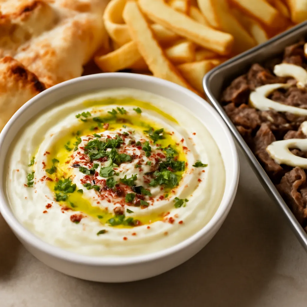 Bowl of thick white Turkish kebab shop garlic sauce topped with olive oil, parsley and sumac, with pide and chips