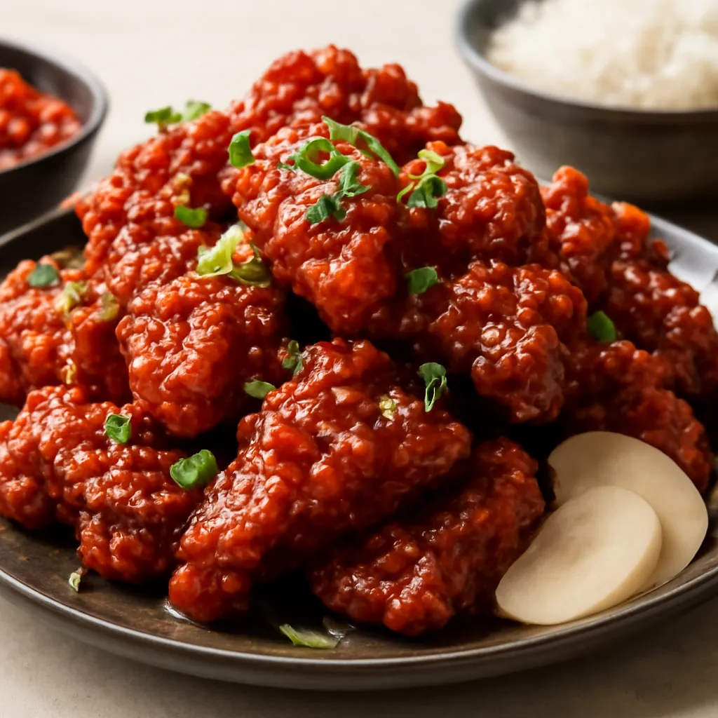 Pile of glossy double-fried Korean chicken in red gochujang glaze, topped with sesame seeds and spring onions