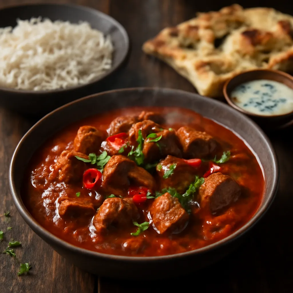 Bowl of glossy dark red lamb vindaloo with tender lamb chunks, coriander, basmati rice and torn naan