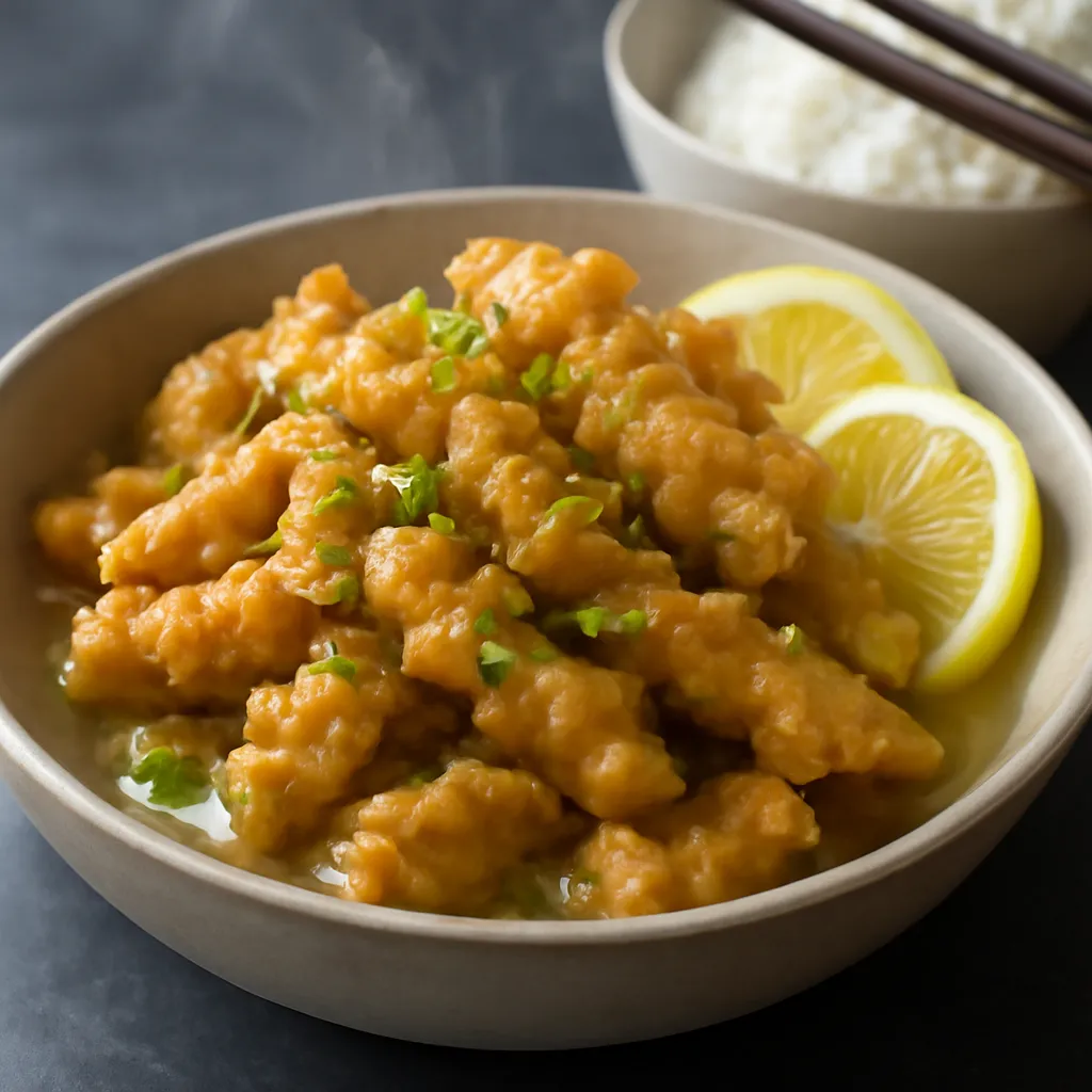 Bowl of crispy Chinese lemon chicken in a glossy lemon glaze with spring onions and rice