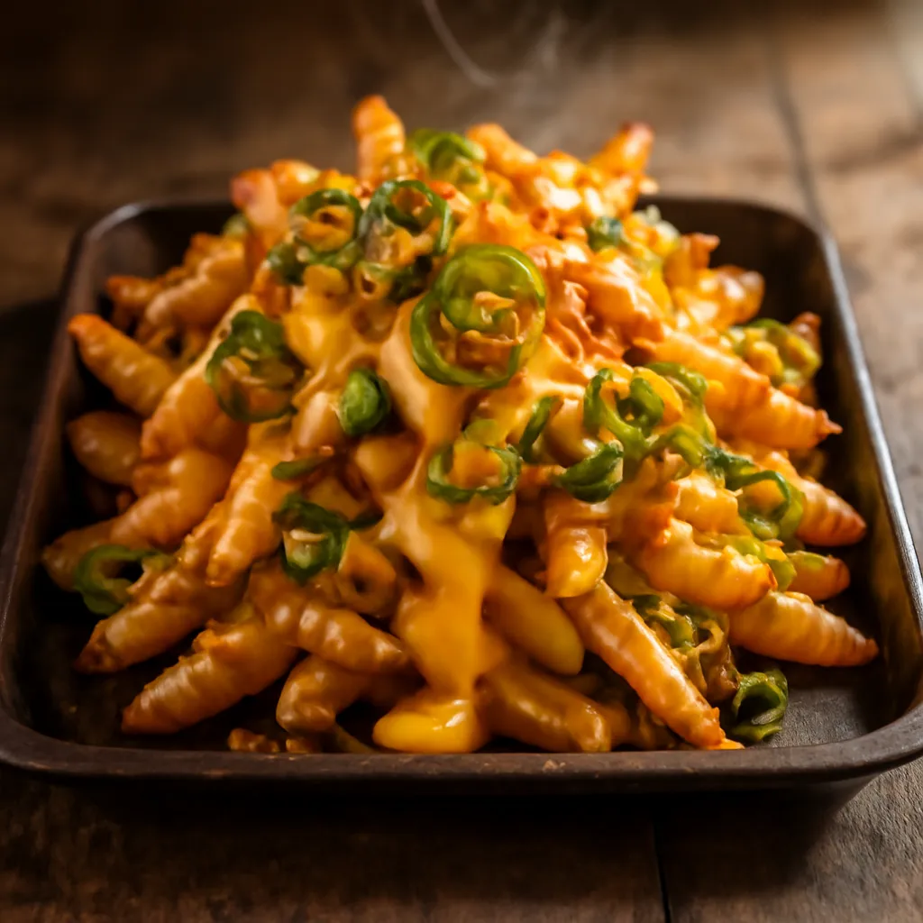 Tray of golden fries loaded with glossy cheese sauce, pickled jalapenos, spring onions and crispy fried onions