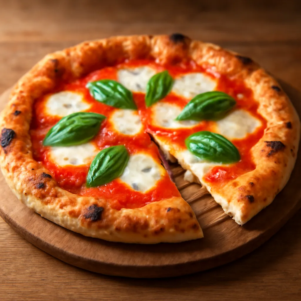 Whole Margherita pizza with a blistered puffed crust, molten mozzarella, red tomato sauce and fresh basil on a wooden board