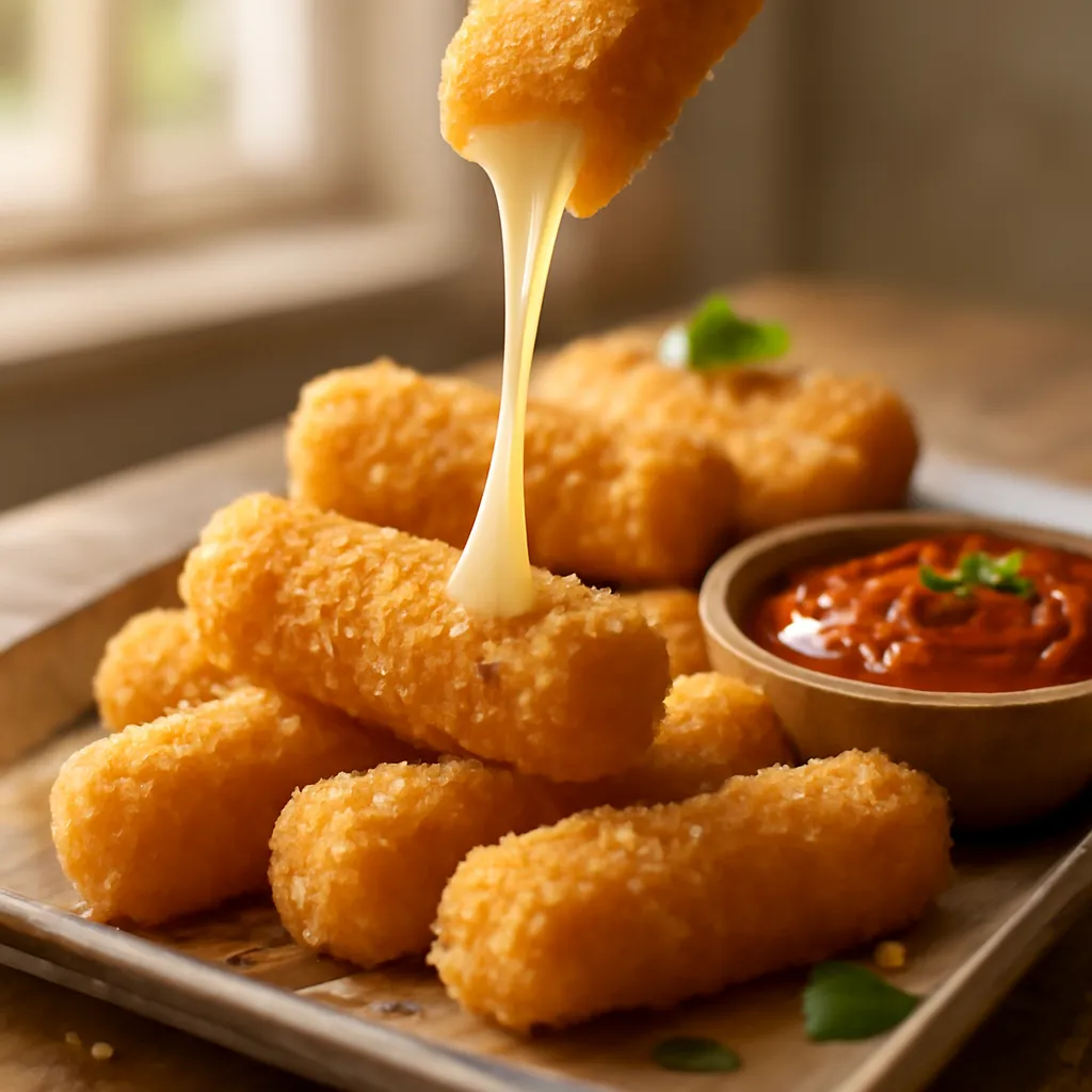 Golden panko mozzarella sticks piled on a tray, one pulled apart with stretching melted cheese, beside marinara dip