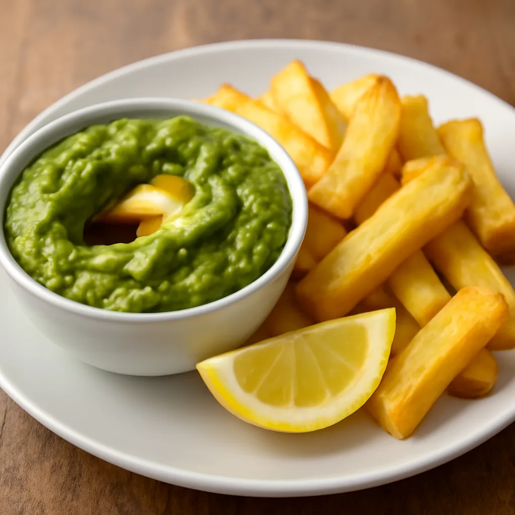 Bowl of thick glossy chip-shop mushy peas served with golden thick-cut chips on a white plate