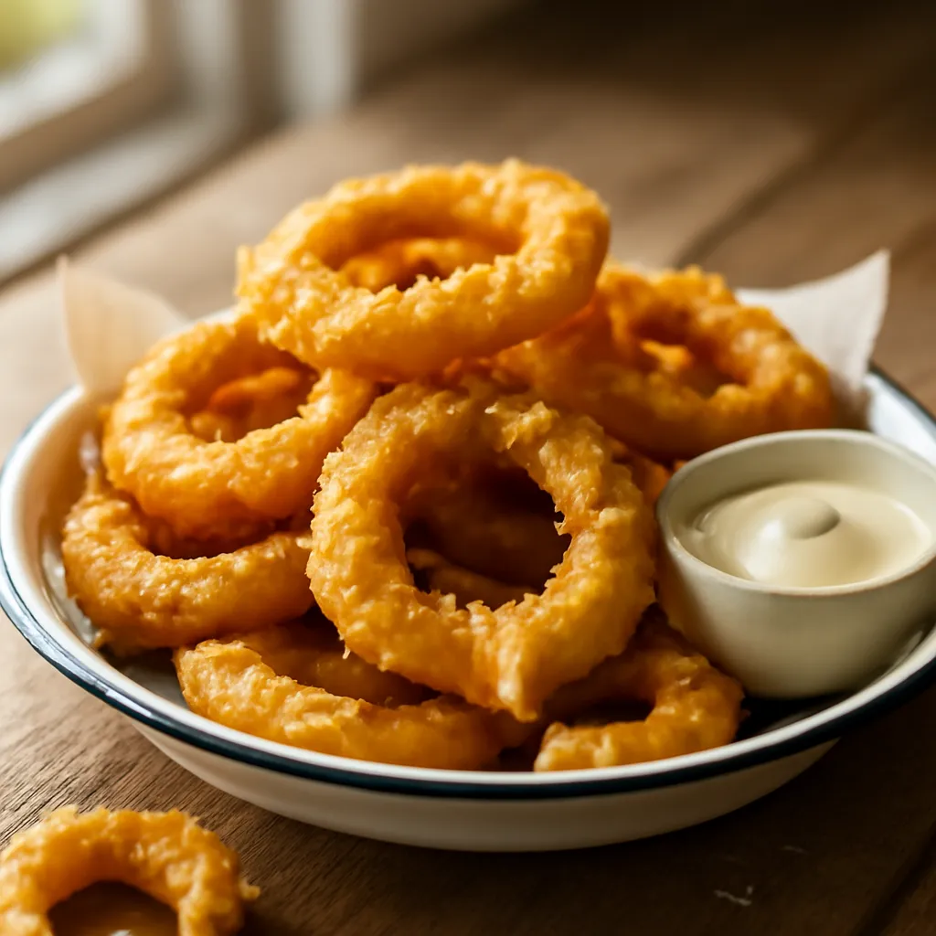 A tall pile of golden crispy beer-battered onion rings in an enamel dish with a bowl of creamy dip alongside