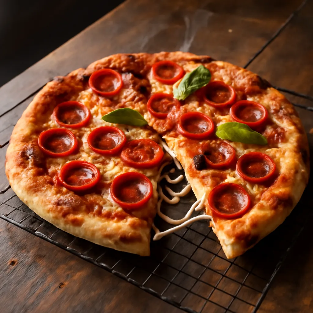 Whole pepperoni pizza with blistered puffed crust, molten mozzarella and crisp curled pepperoni cups filled with orange oil
